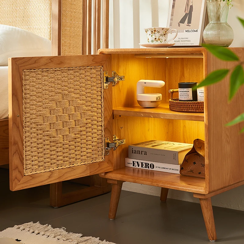 Traditional Rustic Square Ash Wood Solid Wood Plywood Rope Weaving Nightstand 2-Cabinet For Bedroom