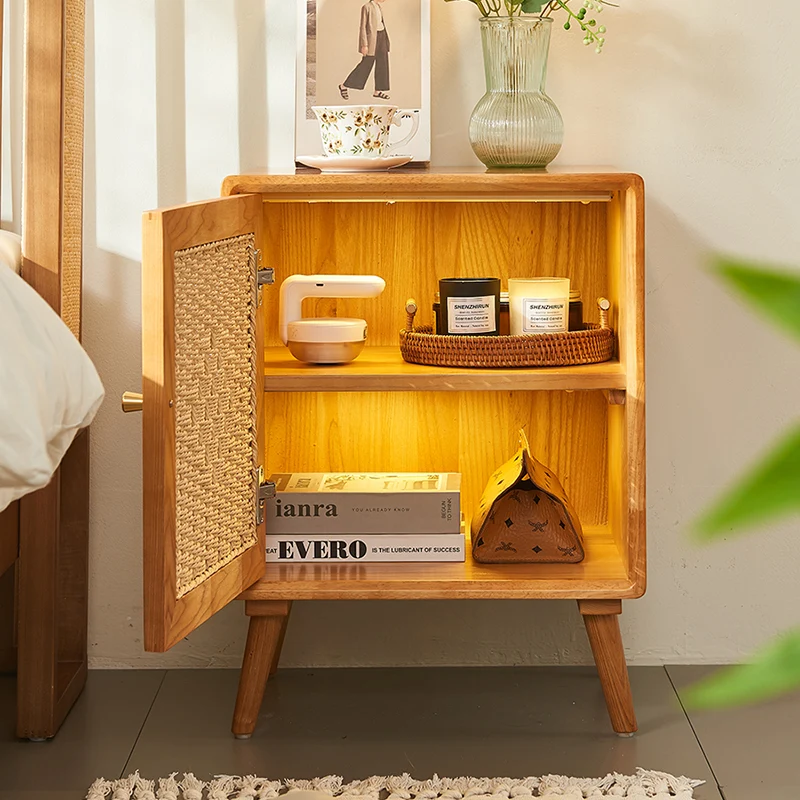 Traditional Rustic Square Ash Wood Solid Wood Plywood Rope Weaving Nightstand 2-Cabinet For Bedroom