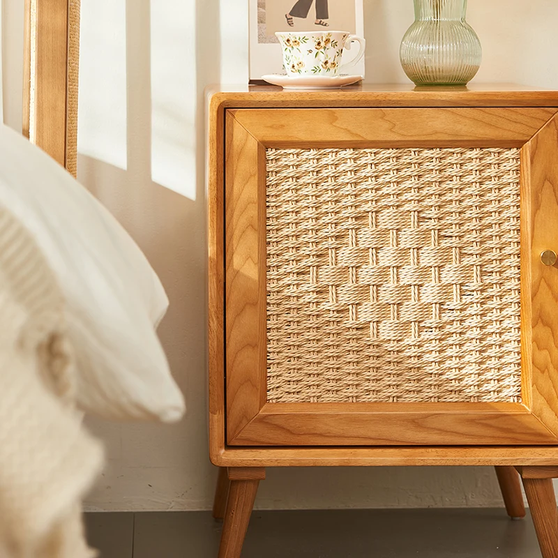 Traditional Rustic Square Ash Wood Solid Wood Plywood Rope Weaving Nightstand 2-Cabinet For Bedroom