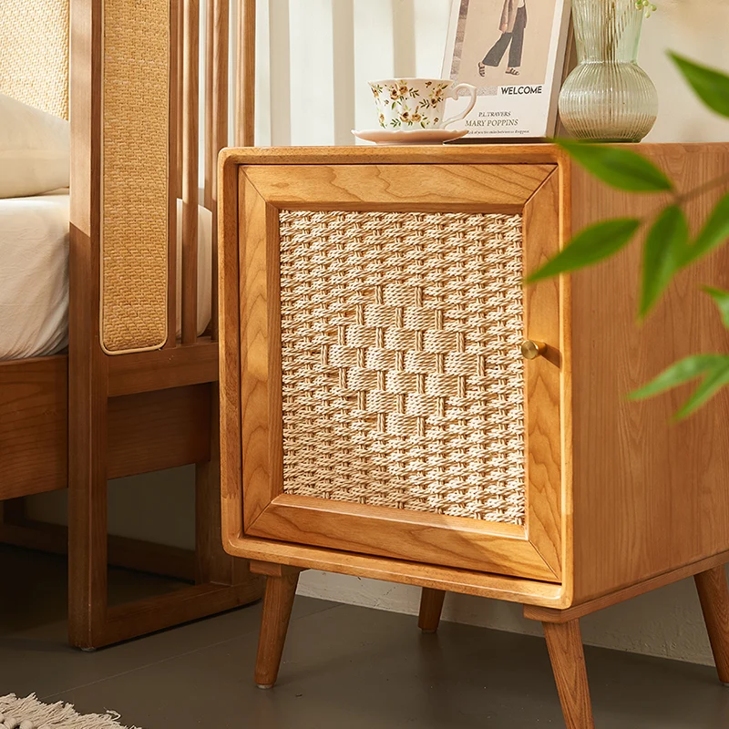 Traditional Rustic Square Ash Wood Solid Wood Plywood Rope Weaving Nightstand 2-Cabinet For Bedroom
