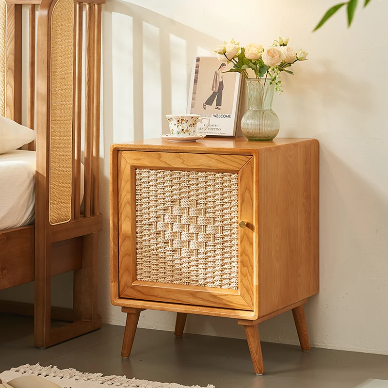 Traditional Rustic Square Ash Wood Solid Wood Plywood Rope Weaving Nightstand 2-Cabinet For Bedroom