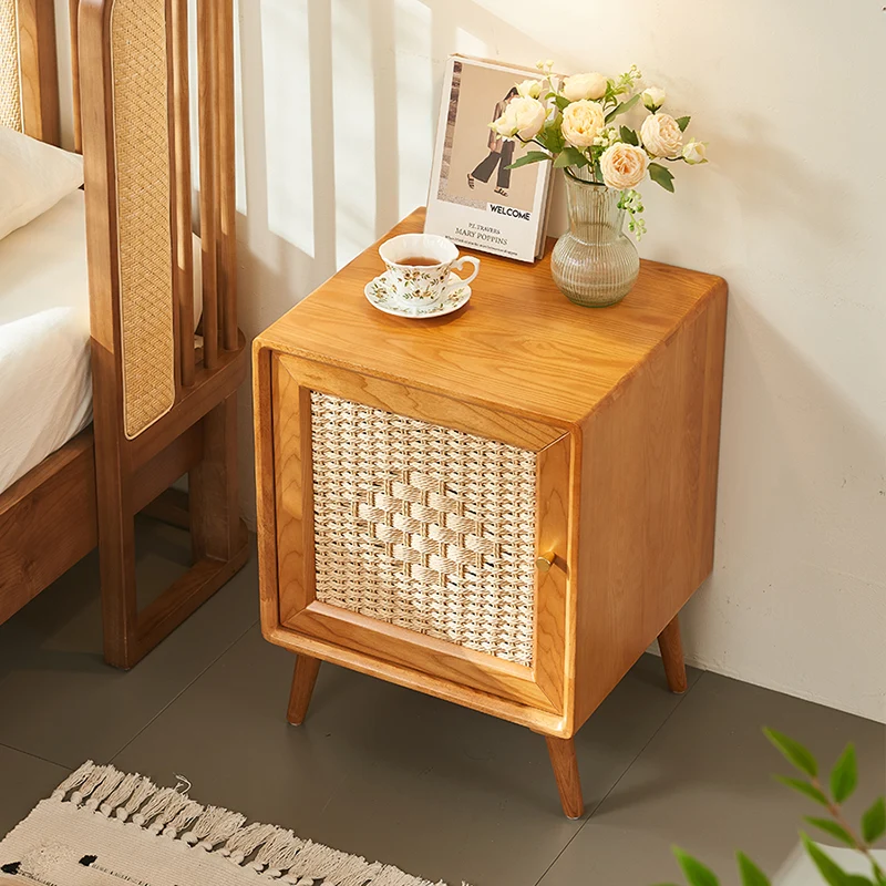 Traditional Rustic Square Ash Wood Solid Wood Plywood Rope Weaving Nightstand 2-Cabinet For Bedroom