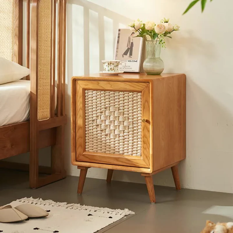Traditional Rustic Square Ash Wood Solid Wood Plywood Rope Weaving Nightstand 2-Cabinet For Bedroom