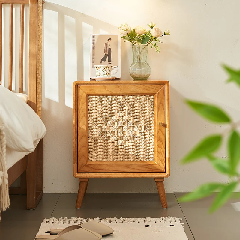 Traditional Rustic Square Ash Wood Solid Wood Plywood Rope Weaving Nightstand 2-Cabinet For Bedroom