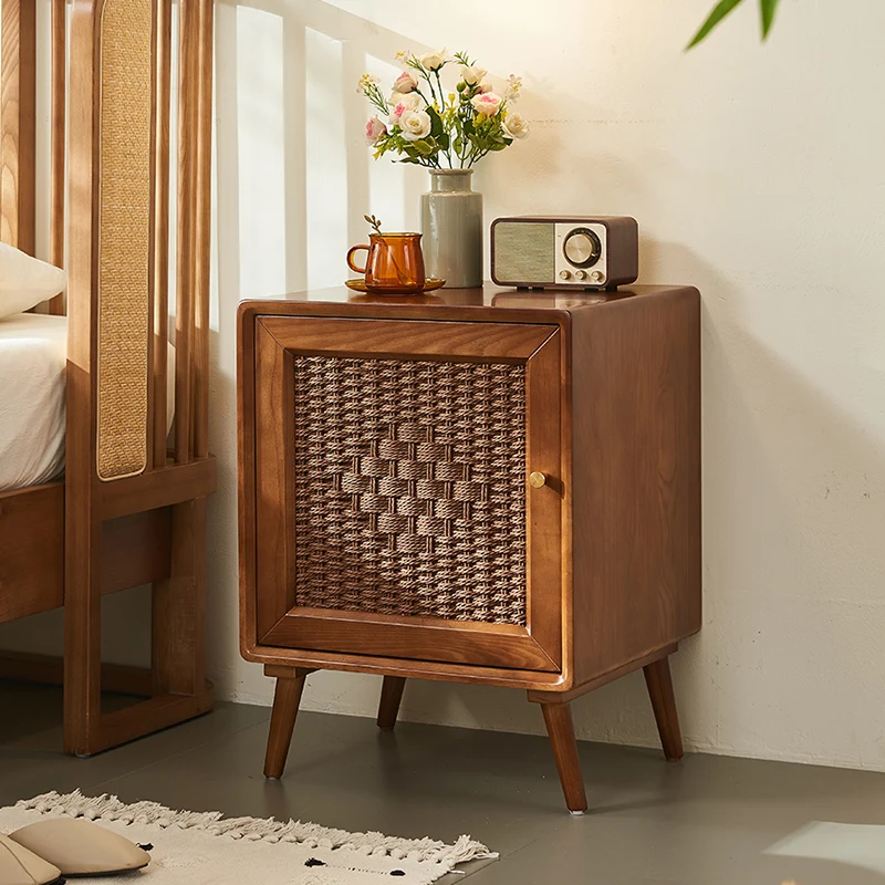 Traditional Rustic Square Ash Wood Solid Wood Plywood Rope Weaving Nightstand 2-Cabinet For Bedroom
