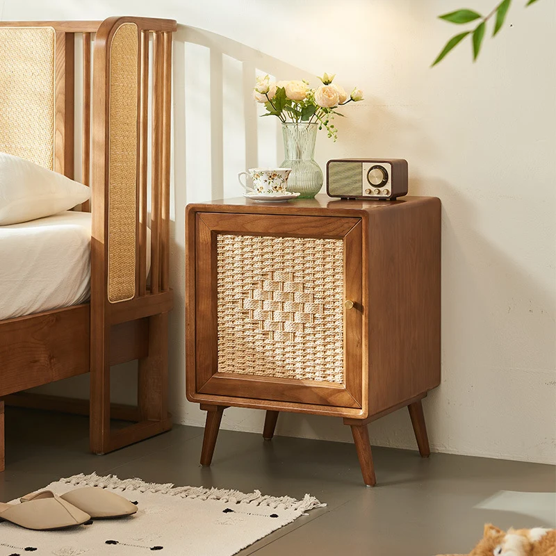 Traditional Rustic Square Ash Wood Solid Wood Plywood Rope Weaving Nightstand 2-Cabinet For Bedroom