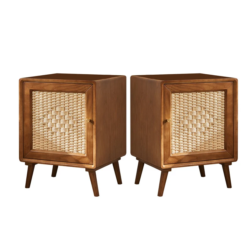 Traditional Rustic Square Ash Wood Solid Wood Plywood Rope Weaving Nightstand 2-Cabinet For Bedroom