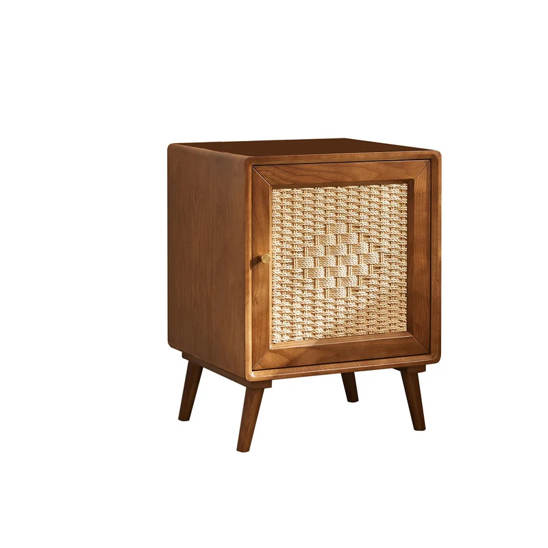 Traditional Rustic Square Ash Wood Solid Wood Plywood Rope Weaving Nightstand 2-Cabinet For Bedroom