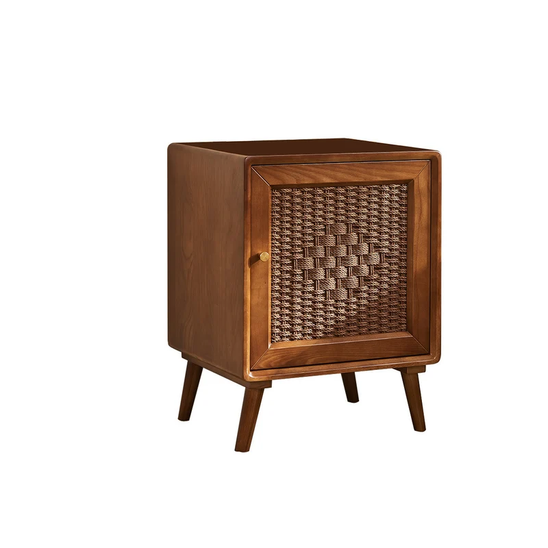 Traditional Rustic Square Ash Wood Solid Wood Plywood Rope Weaving Nightstand 2-Cabinet For Bedroom