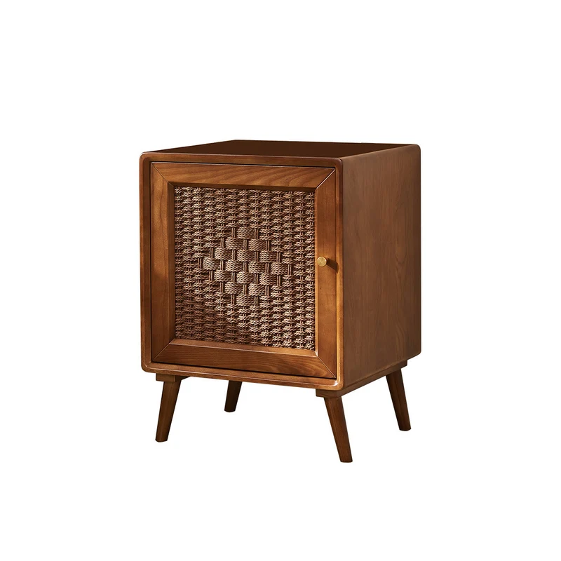 Traditional Rustic Square Ash Wood Solid Wood Plywood Rope Weaving Nightstand 2-Cabinet For Bedroom