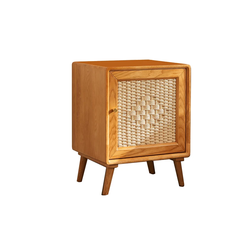 Traditional Rustic Square Ash Wood Solid Wood Plywood Rope Weaving Nightstand 2-Cabinet For Bedroom