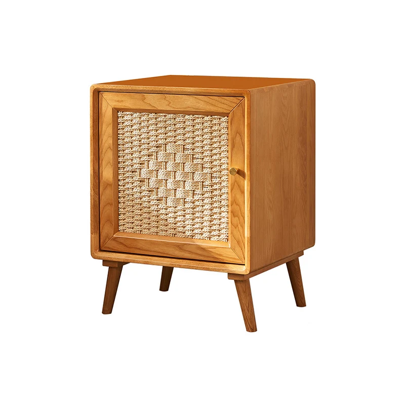Traditional Rustic Square Ash Wood Solid Wood Plywood Rope Weaving Nightstand 2-Cabinet For Bedroom