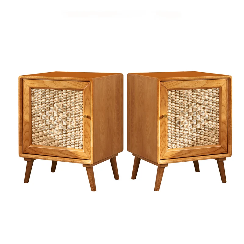 Traditional Rustic Square Ash Wood Solid Wood Plywood Rope Weaving Nightstand 2-Cabinet For Bedroom