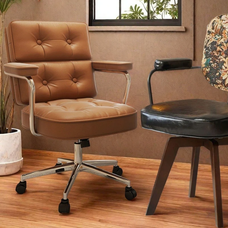 Modern Mid-Century Tufted Faux Leather Upholstered Five-Spoke Caster Base Desk Chair Armrest For Home Office