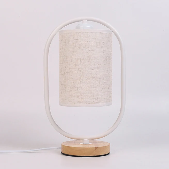 Contemporary Scandinavian Cylinder Solid Wood Fabric Metal 1-Light Table Lamp For Bedroom