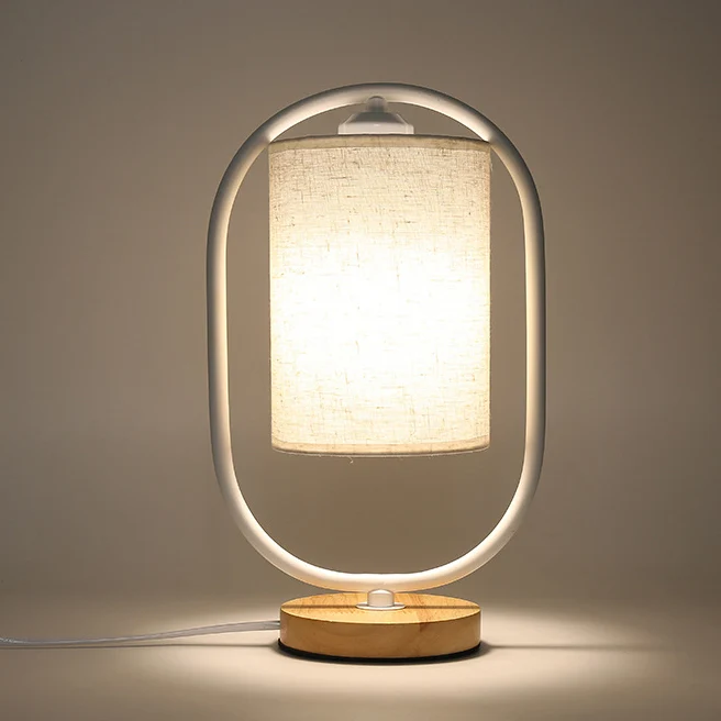 Contemporary Scandinavian Cylinder Solid Wood Fabric Metal 1-Light Table Lamp For Bedroom