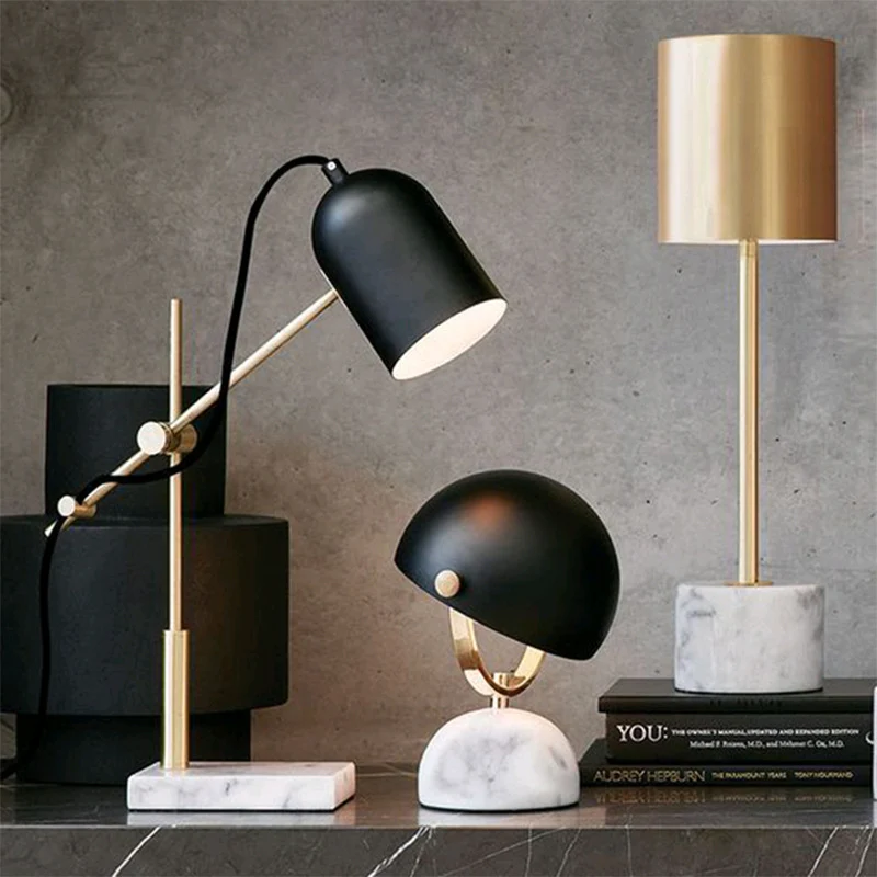 Contemporary Nordic Geometric Lines Iron Marble 1-Light Table Lamp For Bedroom Or Home Office