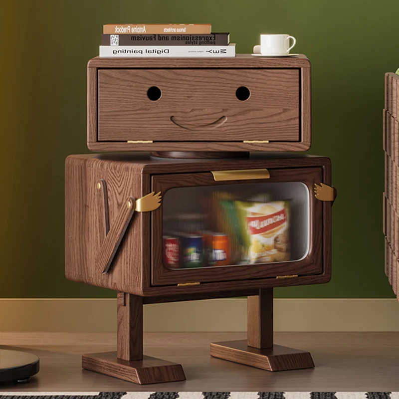 Modern Art Deco Kids Robot Rubberwood Acrylic Plastic Rotatable Nightstand 2-Drawer For Bedroom