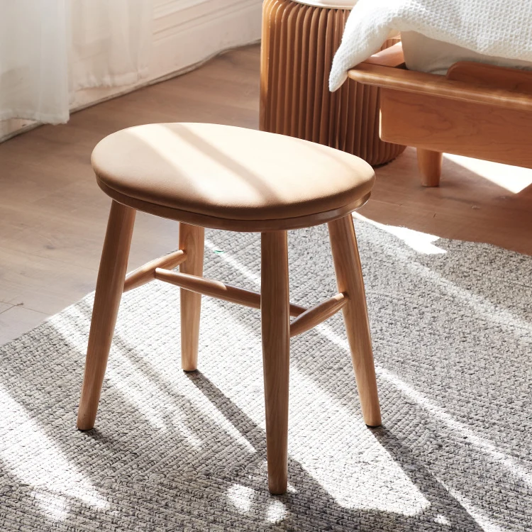 Traditional French Oval PU Leather Cherry Wood Vanity Stool Footrest For Bedroom