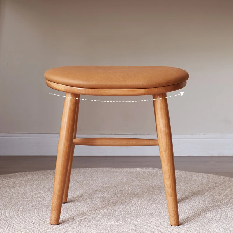 Traditional French Oval PU Leather Cherry Wood Vanity Stool Footrest For Bedroom