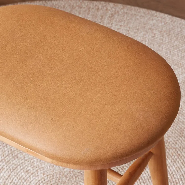 Traditional French Oval PU Leather Cherry Wood Vanity Stool Footrest For Bedroom