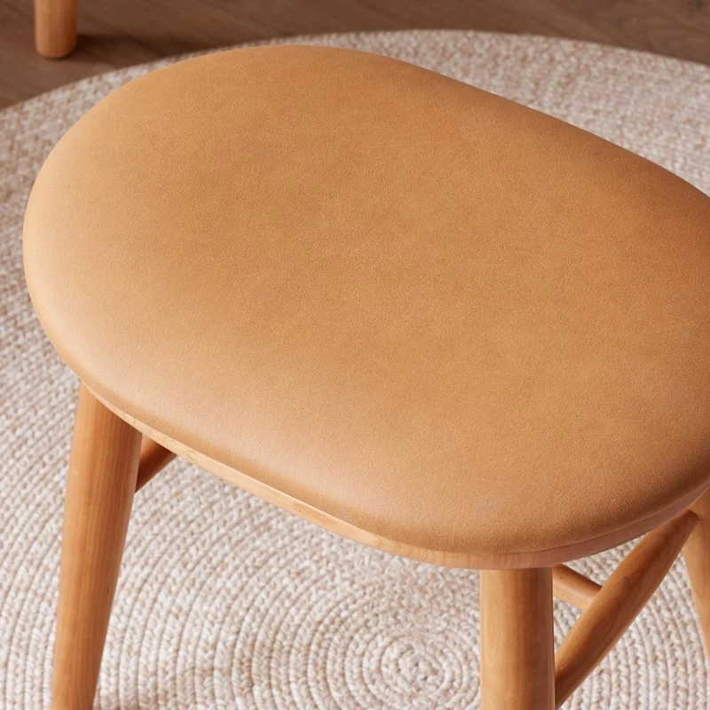 Traditional French Oval PU Leather Cherry Wood Vanity Stool Footrest For Bedroom