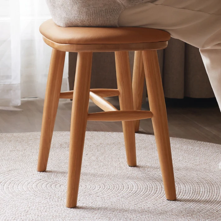 Traditional French Oval PU Leather Cherry Wood Vanity Stool Footrest For Bedroom
