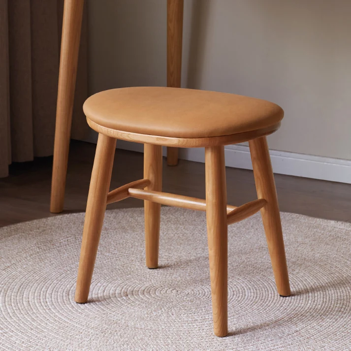 Traditional French Oval PU Leather Cherry Wood Vanity Stool Footrest For Bedroom
