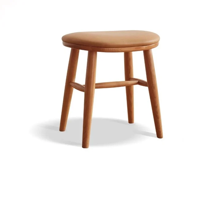 Traditional French Oval PU Leather Cherry Wood Vanity Stool Footrest For Bedroom