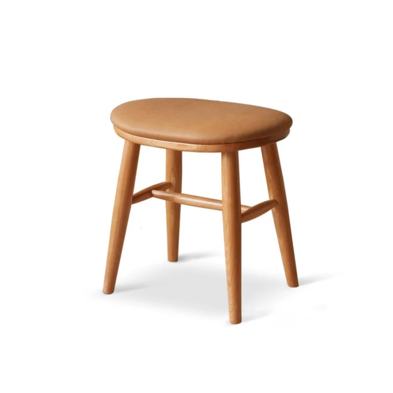 Traditional French Oval PU Leather Cherry Wood Vanity Stool Footrest For Bedroom