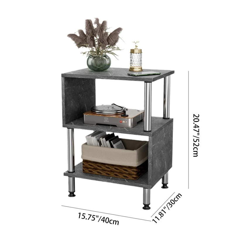 Contemporary Luxury Marble-Patterned Particle Board Stainless Steel Tube Side Table 3-Tier For Living Room