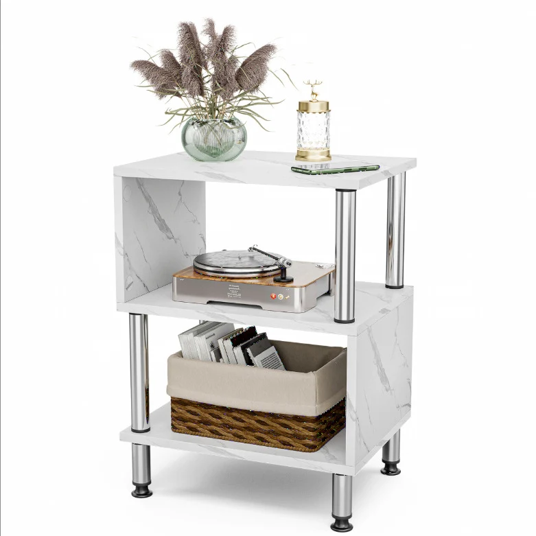 Contemporary Luxury Marble-Patterned Particle Board Stainless Steel Tube Side Table 3-Tier For Living Room