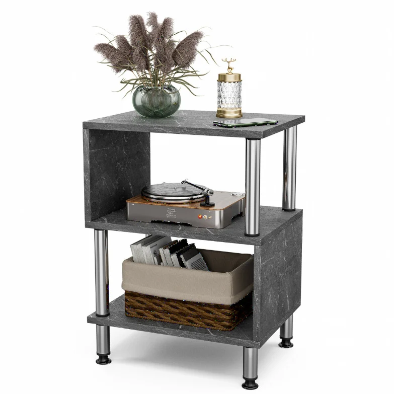 Contemporary Luxury Marble-Patterned Particle Board Stainless Steel Tube Side Table 3-Tier For Living Room