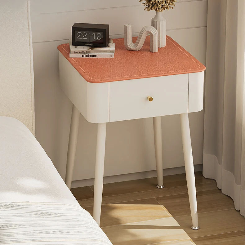 Contemporary Nordic Tempered Glass PP Carbon Steel Square Leather Texture Nightstand With 1 Drawer For Bedroom