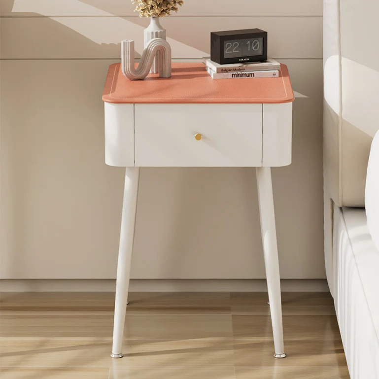 Contemporary Nordic Tempered Glass PP Carbon Steel Square Leather Texture Nightstand With 1 Drawer For Bedroom