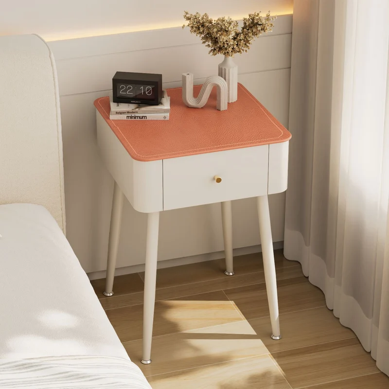 Contemporary Nordic Tempered Glass PP Carbon Steel Square Leather Texture Nightstand With 1 Drawer For Bedroom