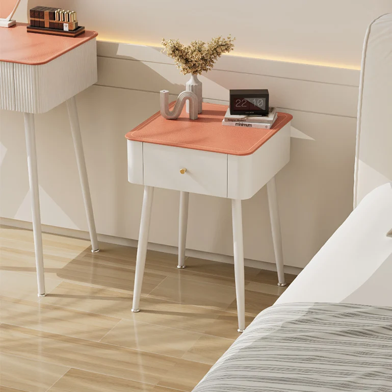 Contemporary Nordic Tempered Glass PP Carbon Steel Square Leather Texture Nightstand With 1 Drawer For Bedroom