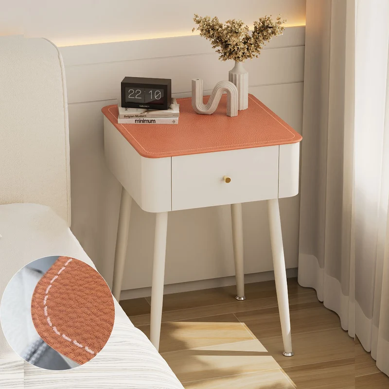 Contemporary Nordic Tempered Glass PP Carbon Steel Square Leather Texture Nightstand With 1 Drawer For Bedroom