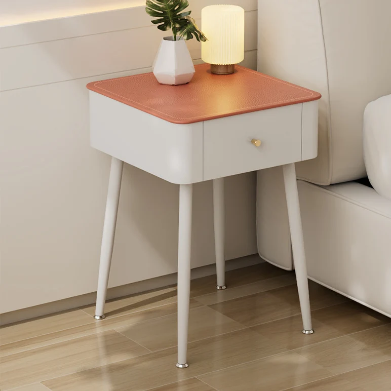 Contemporary Nordic Tempered Glass PP Carbon Steel Square Leather Texture Nightstand With 1 Drawer For Bedroom