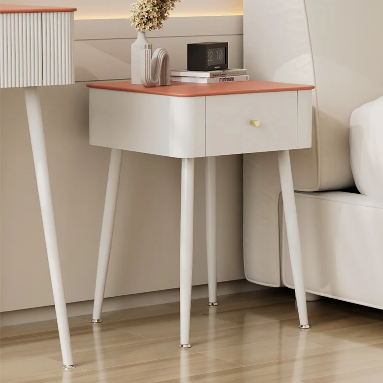 Contemporary Nordic Tempered Glass PP Carbon Steel Square Leather Texture Nightstand With 1 Drawer For Bedroom