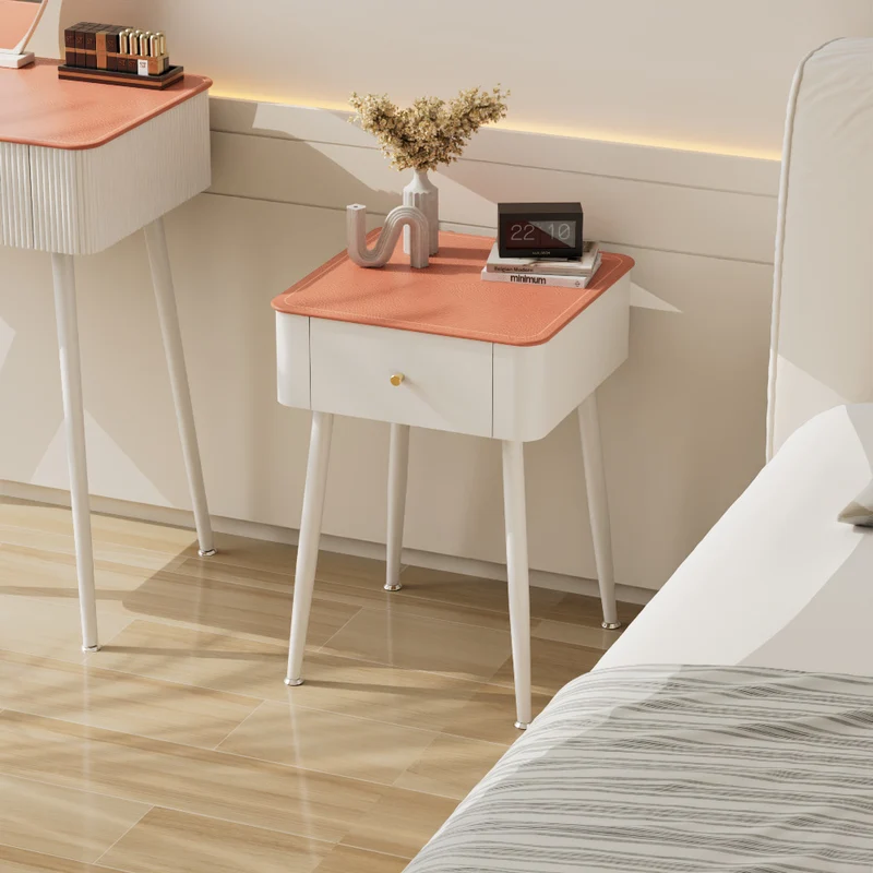 Contemporary Nordic Tempered Glass PP Carbon Steel Square Leather Texture Nightstand With 1 Drawer For Bedroom