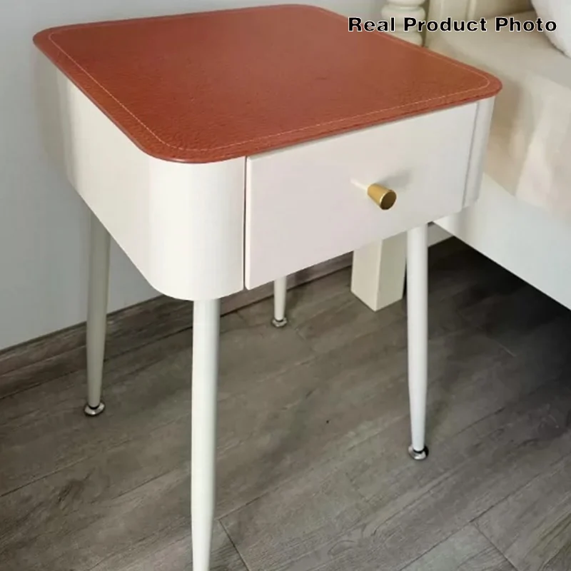 Contemporary Nordic Tempered Glass PP Carbon Steel Square Leather Texture Nightstand With 1 Drawer For Bedroom
