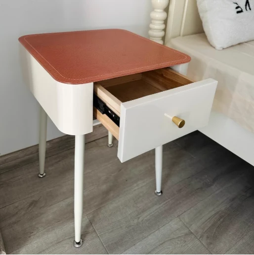 Contemporary Nordic Tempered Glass PP Carbon Steel Square Leather Texture Nightstand With 1 Drawer For Bedroom
