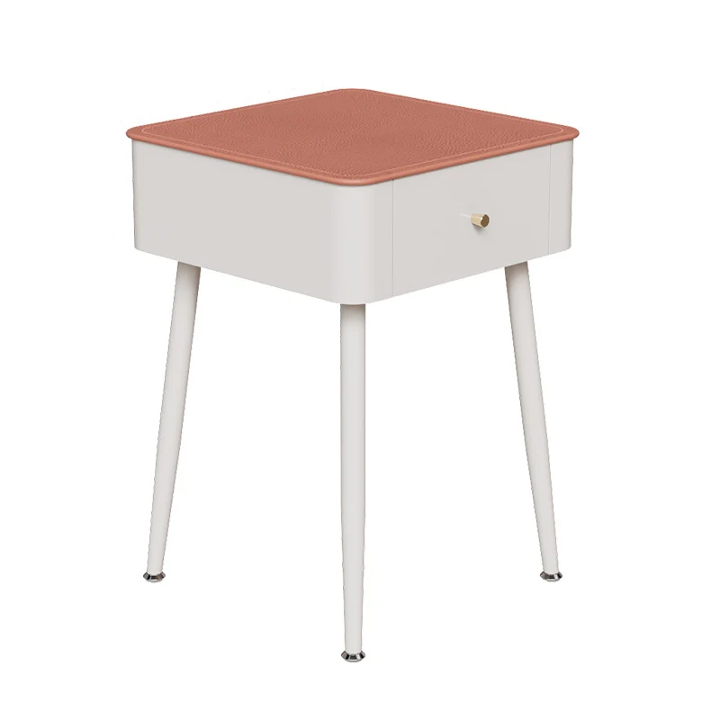 Contemporary Nordic Tempered Glass PP Carbon Steel Square Leather Texture Nightstand With 1 Drawer For Bedroom