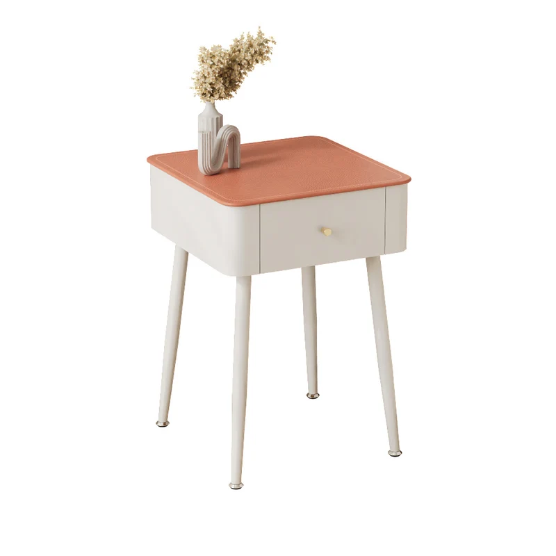 Contemporary Nordic Tempered Glass PP Carbon Steel Square Leather Texture Nightstand With 1 Drawer For Bedroom