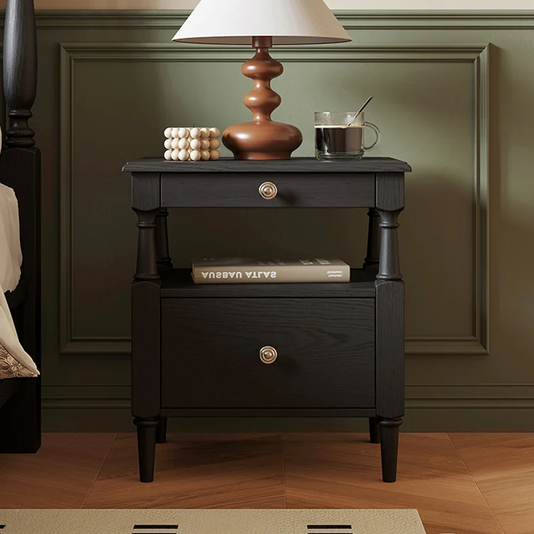 Traditional French Ash Wood Plywood Rectangular Nightstand With 2 Drawers For Bedroom