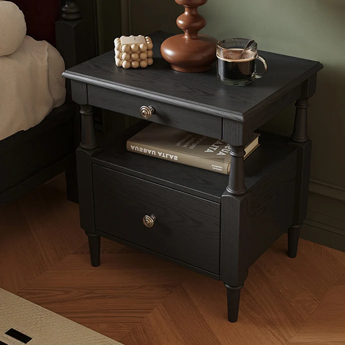 Traditional French Ash Wood Plywood Rectangular Nightstand With 2 Drawers For Bedroom
