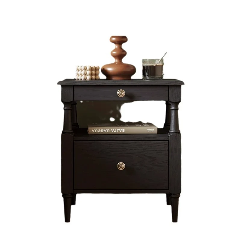 Traditional French Ash Wood Plywood Rectangular Nightstand With 2 Drawers For Bedroom