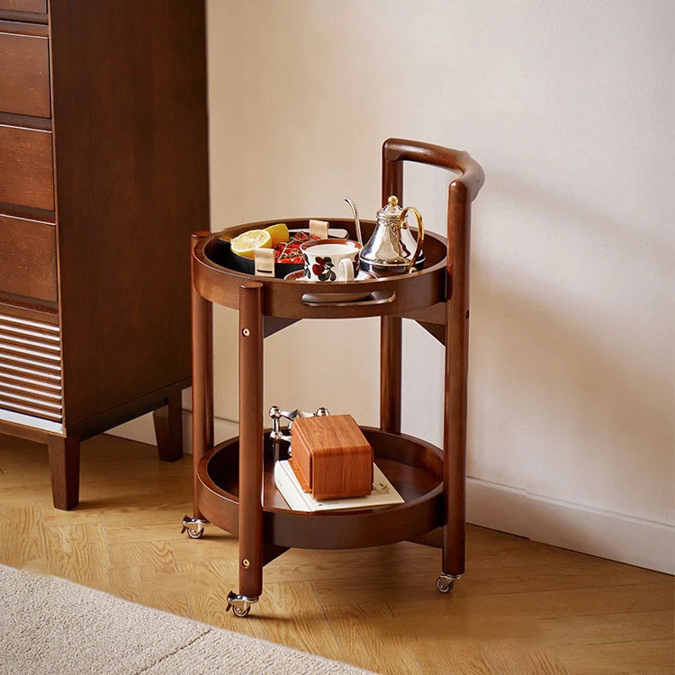 Traditional Vintage Solid Wood Curved Round Cylinder End Table With 2-Tier For Living Room