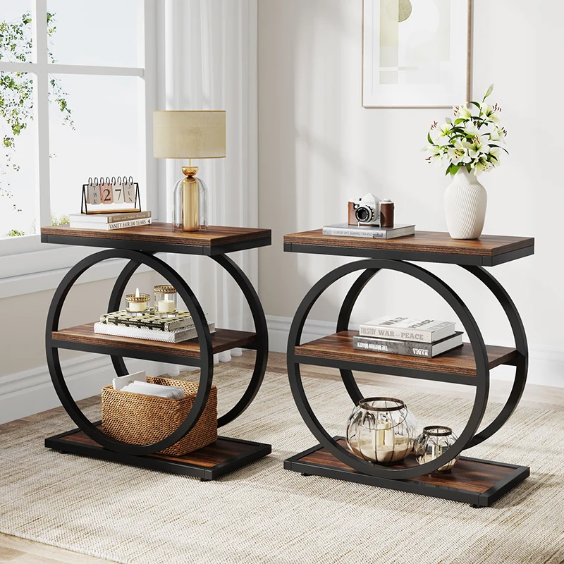 Contemporary Industrial MDF Carbon Steel Dual Ring Frame End Table 3-Tier Storage Shelves For Living Room